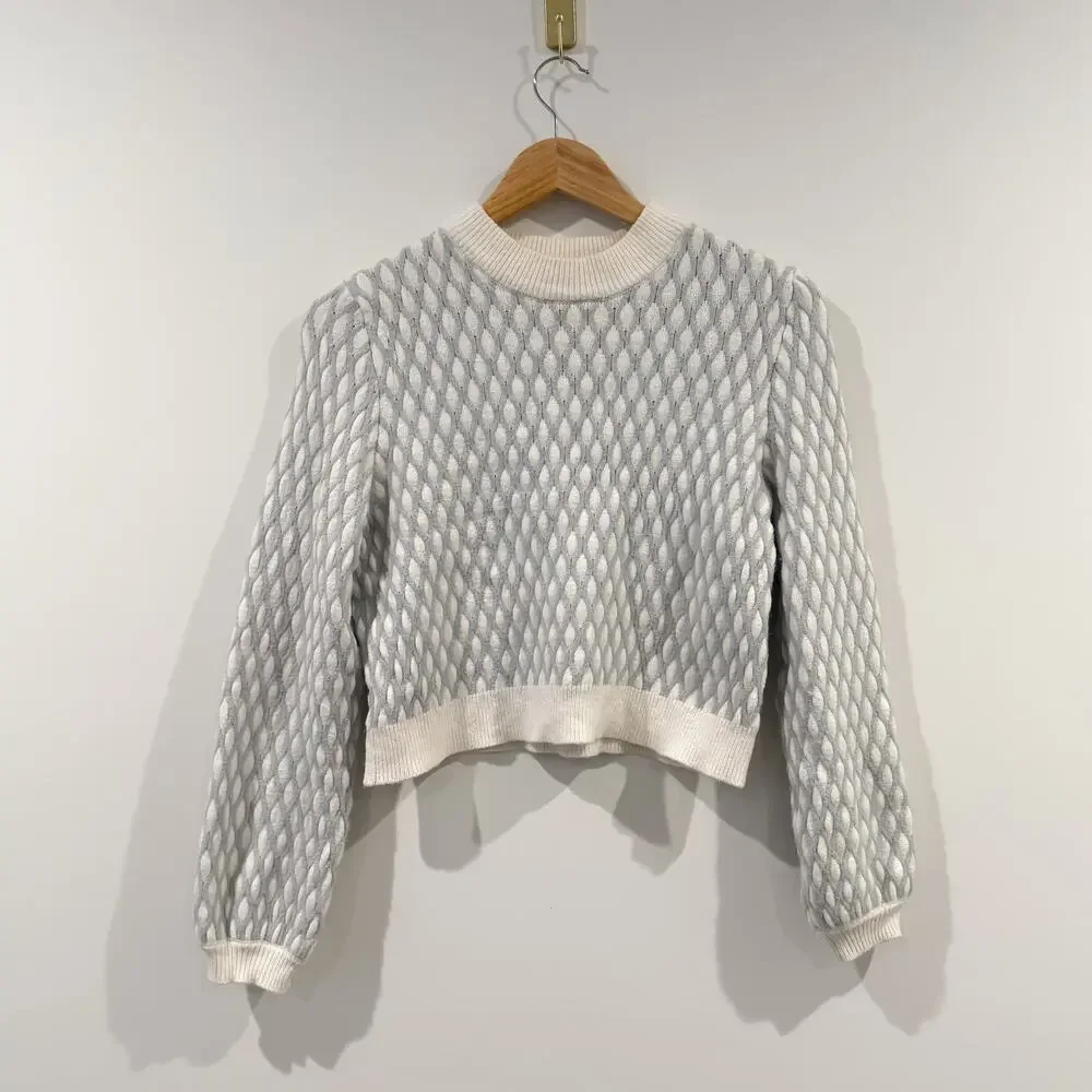 ANTHROPOLOGIE Pepin Diamond Knit Crop Pullover Sweater Gray Ivory XS EUC - Picture 1 of 5